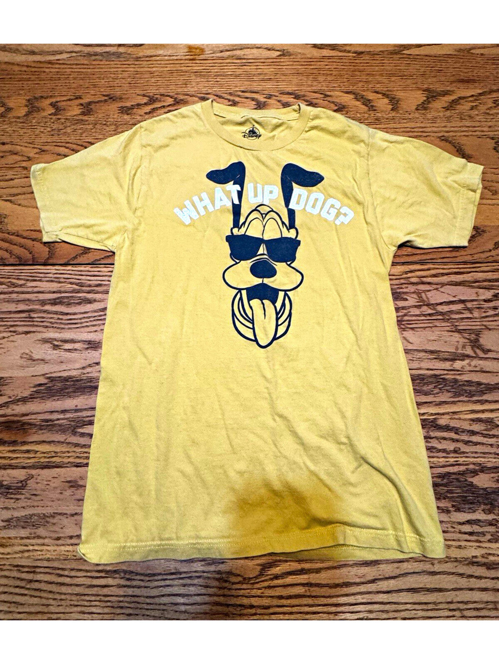Disney Pluto "What Up Dog?" Graphic T-Shirt Yellow Adult Size S